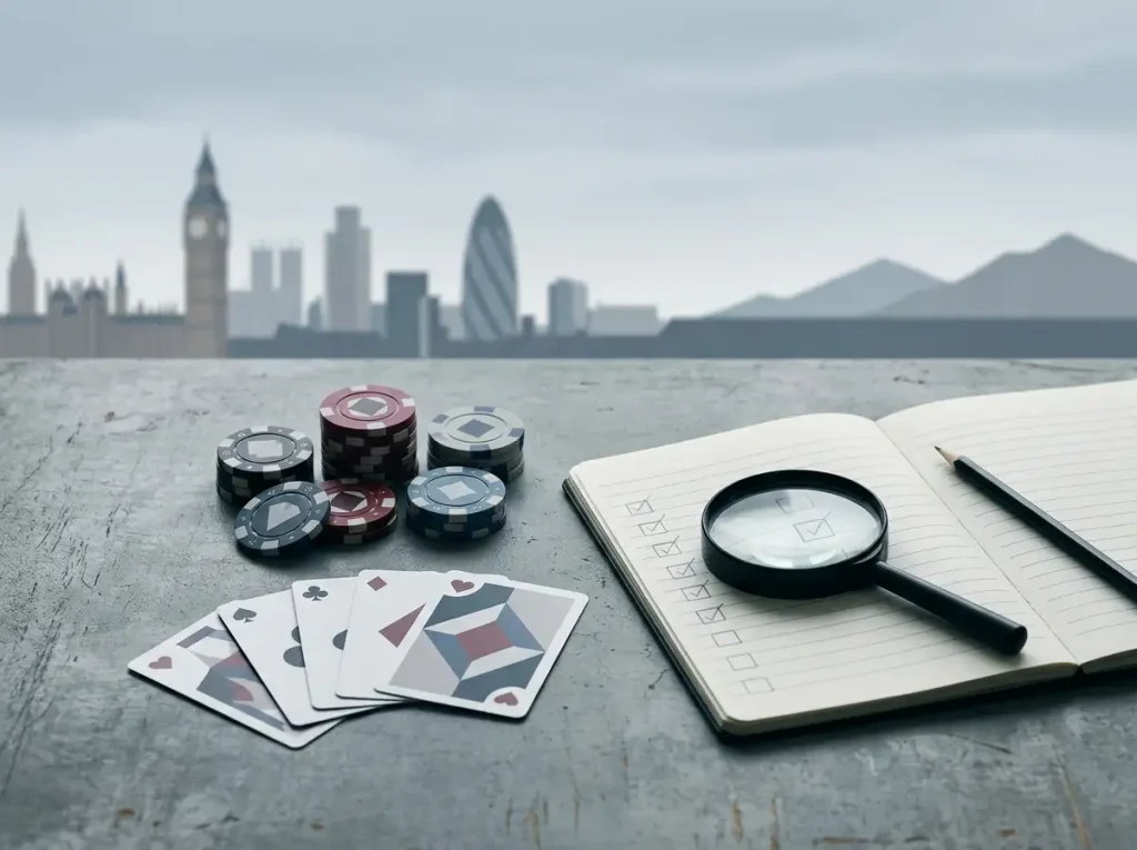 Abstract UK casino review desk with cards, checklist and mountain shapes